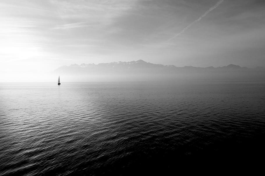 black and white, sailboat, water, sky, clouds, lake, sea, mountains, scenics - nature, tranquil scene