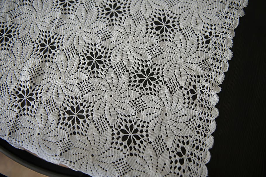 handicraft, tablecloth, crochet hook, pattern, indoors, design, textile, floral pattern, close-up, plant