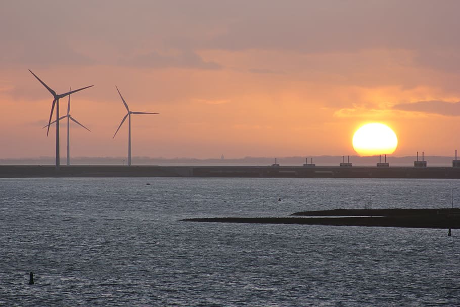 sunset, wind mill, water, environmental conservation, fuel and power generation, sky, renewable energy, sun, wind turbine, alternative energy