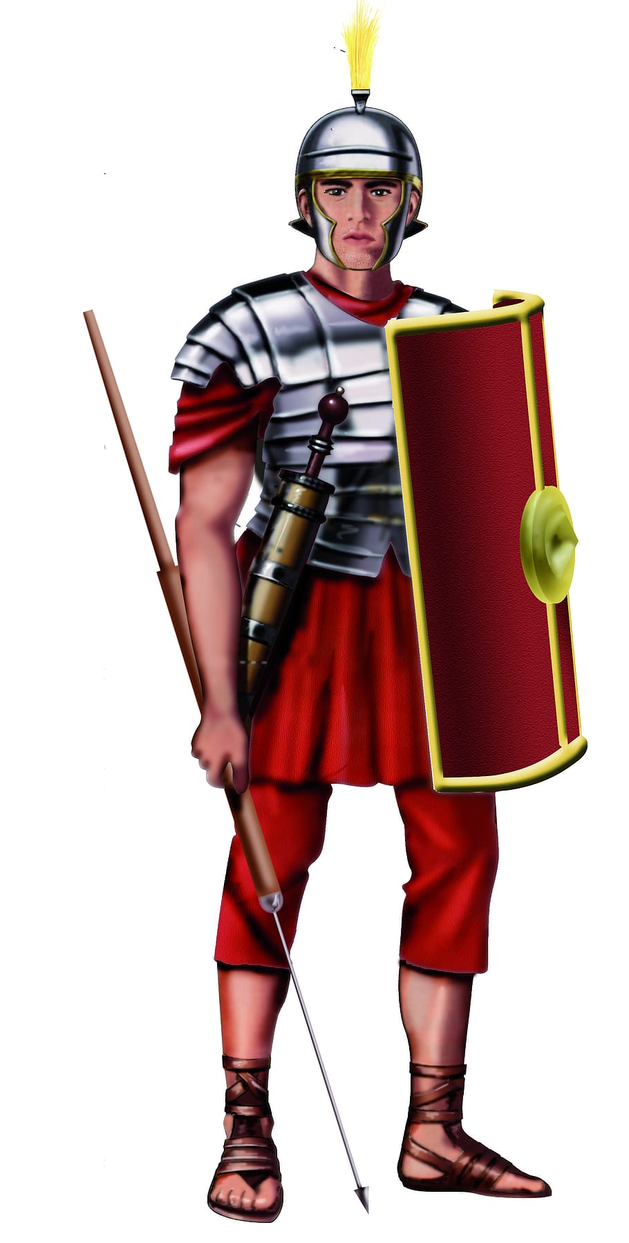 roman, soldier, history, one person, full length, white background, indoors, holding, standing, red