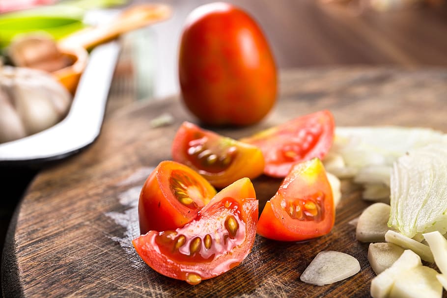 en rodajas, tomate, picar, junta, comida, rojo, cocina, fresco, vegetal, saludable