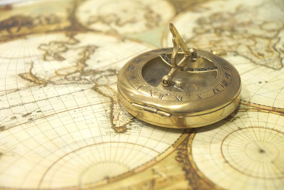 gris, brújula de acero, mapa, primer plano, foto, mapa del mundo, brújula, antigüedades, navegación, ruta