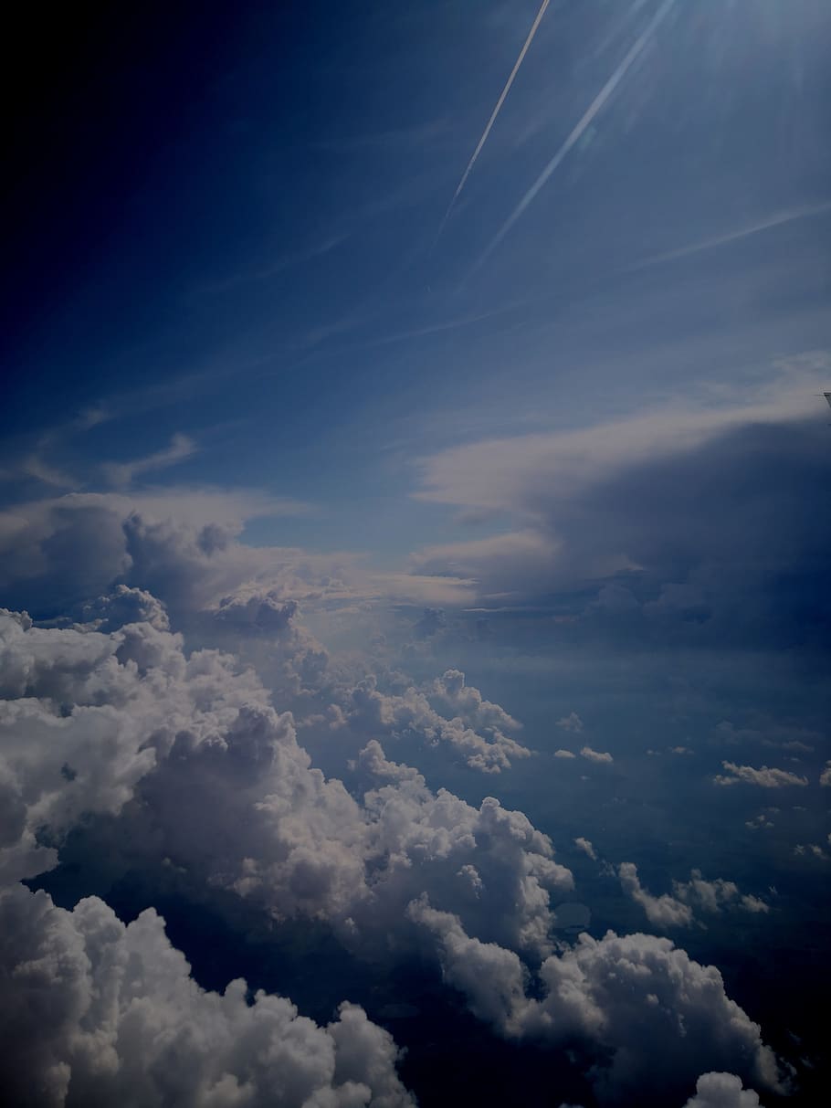 sky, clouds, aircraft, contrail, blue, cloud - sky, beauty in nature, scenics - nature, tranquil scene, tranquility