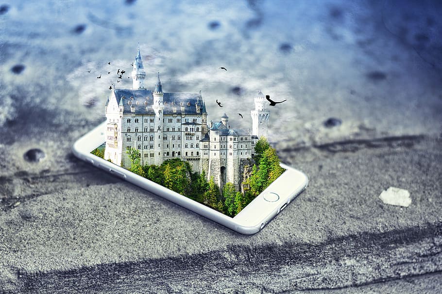 silver iphone 6, building, smartphone, castle, iphone, mobile, virtual reality, outdoors, day, built structure