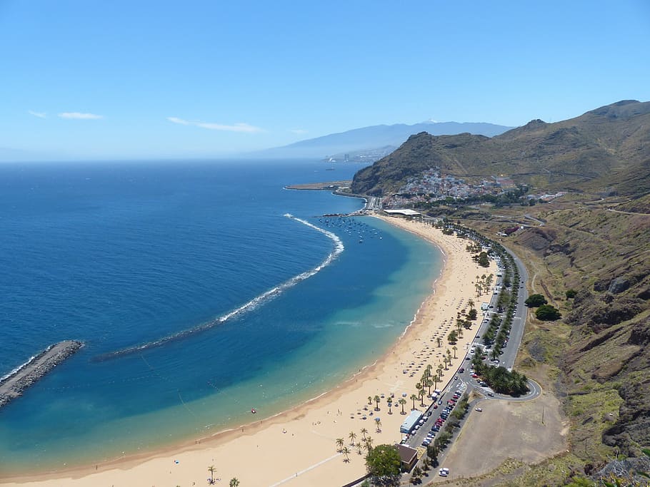aerial, view, shoreline, mountain, beach, water, sea, coast, sand beach, playa las teresitas