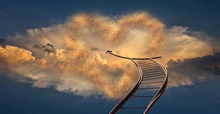 stairs, going, clouds illustration, heart, head, beyond, clouds, sky, jacob's ladder, god