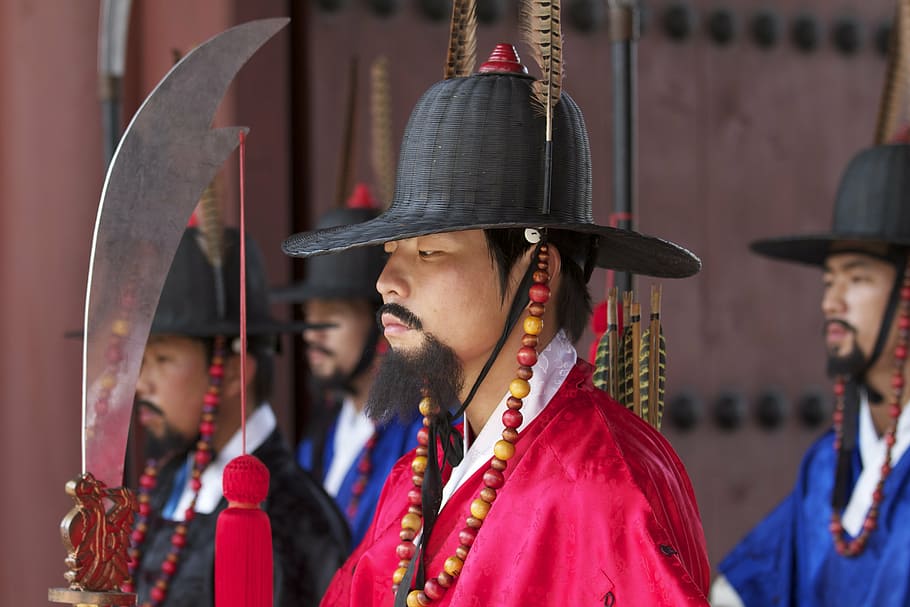 man, wearing, black, helmet, korea, guard, seoul, traditional, gyeongbokgung, clothing