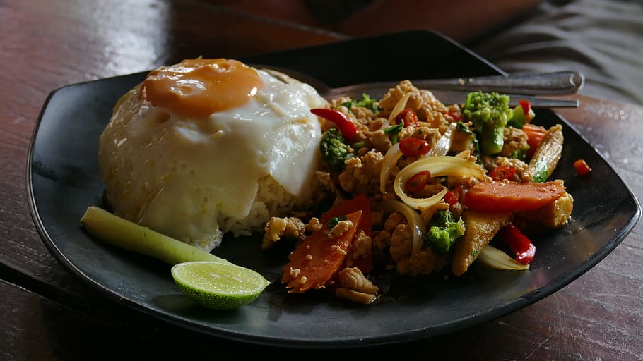 fried, egg, vegetables, black, plate, Eat, Asia, Rice, Thailand, Thai