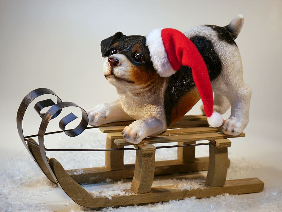 white, black, ceramic, dog, brown, snow sled table decor, top, christmas, christmas dog, christmas time