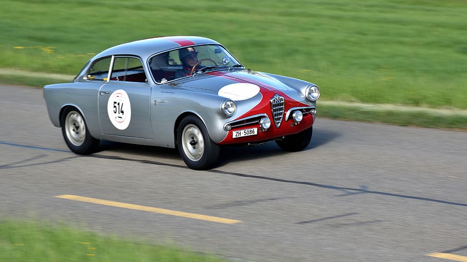 classic, gray, red, coupe, road, daytime, race track, alfa romeo giulietta, oldtimer, sports car