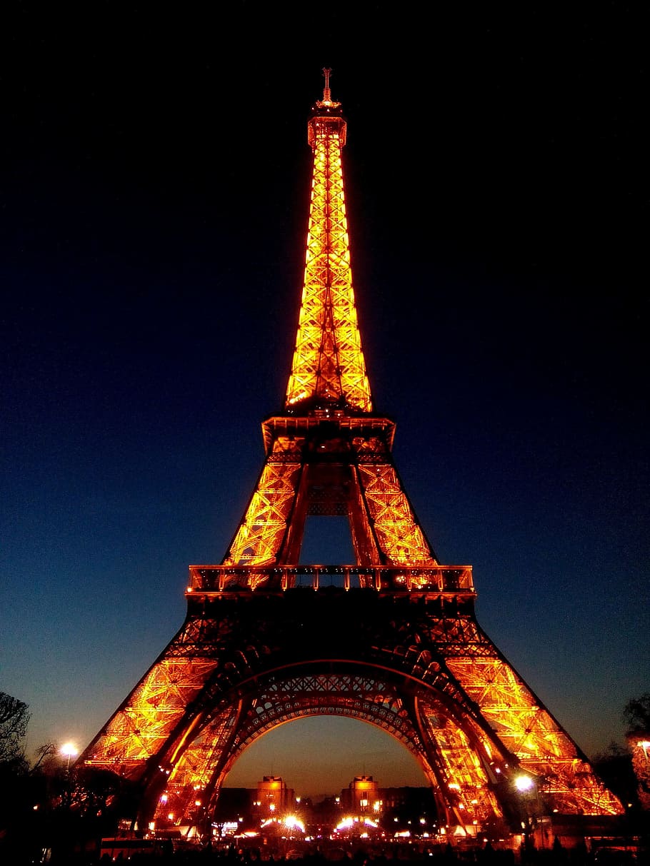 low, angle photo, lighted, eiffel tower, Paris, Night, Tower, Landmark, France, architecture