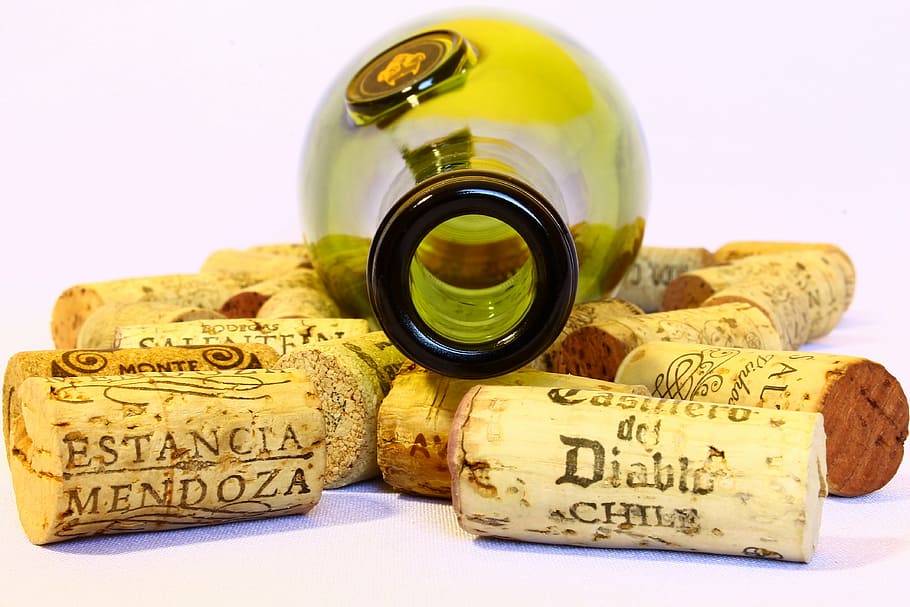 green, wine bottle, assorted, wine corks, wine, stoppers, bottle, empty, used, background