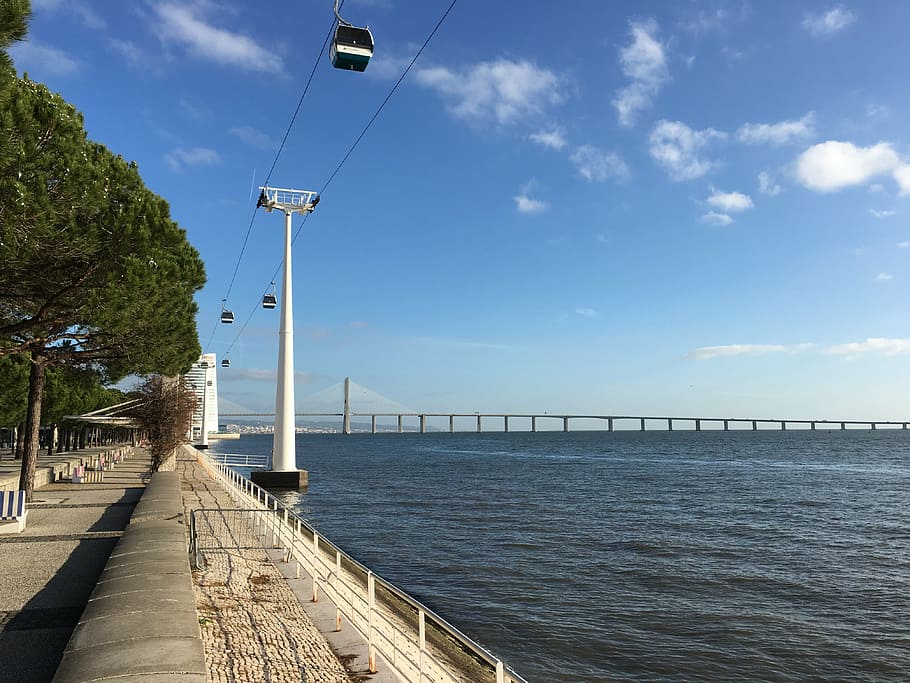 sea, lisboa, portugal, view, sky, water, built structure, architecture, connection, nature