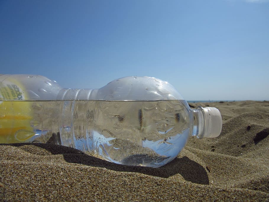 botol air, pasir, cakrawala, pantai, panas, langit, matahari, haus, air, horizontal