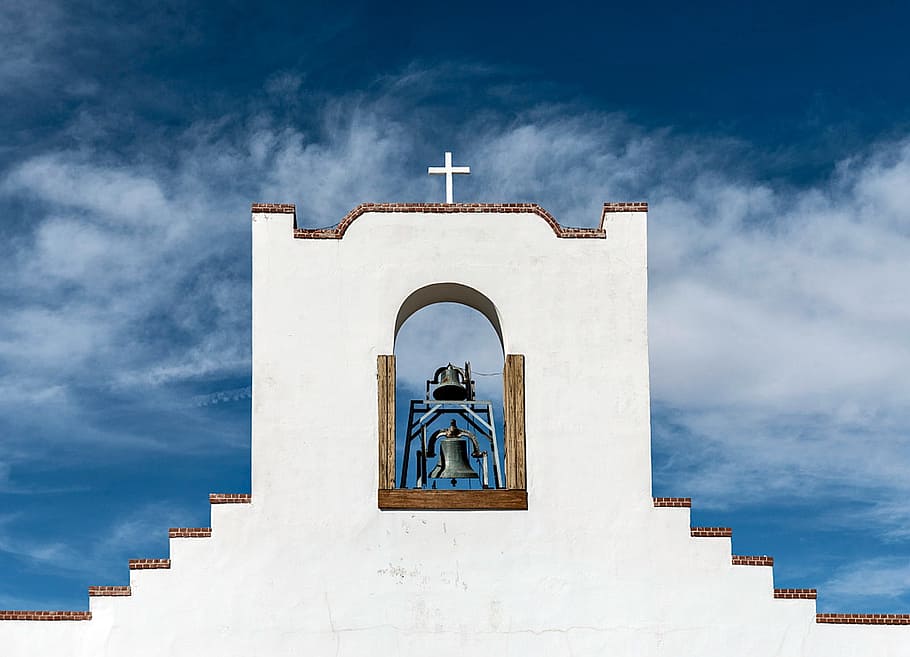 bell, white, cathedral, socorro mission, church, new mexico, adobe, catholic, religion, mission