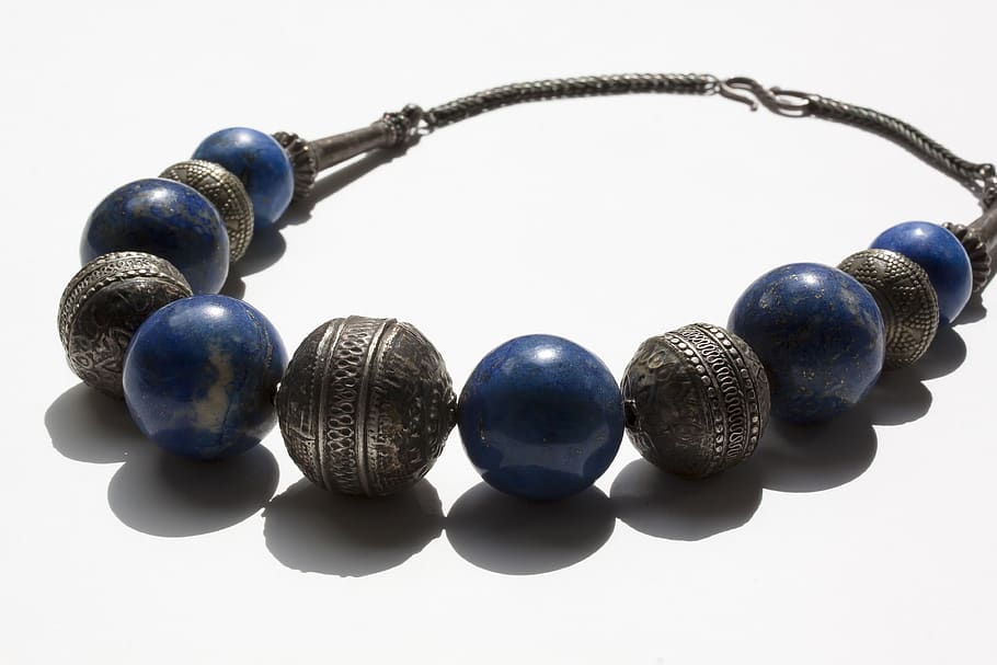 chain, jewellery, necklace, beads, lapis lazuli, jewelery, silver bullets, hand labor, ethnic jewelry, goldsmith's work