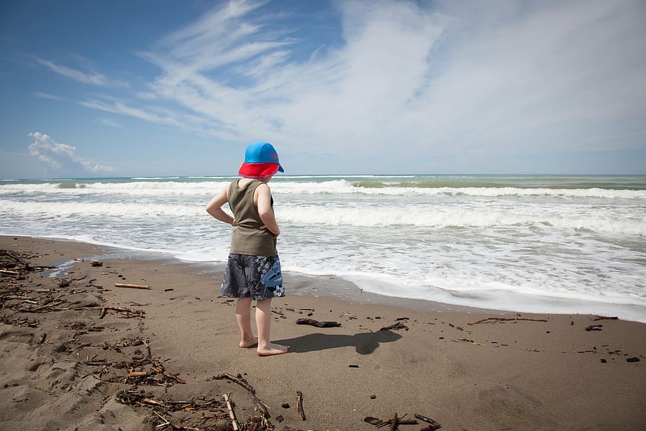 boy, standing, front, seawater, beach, loneliness, thinking, water, sea, land