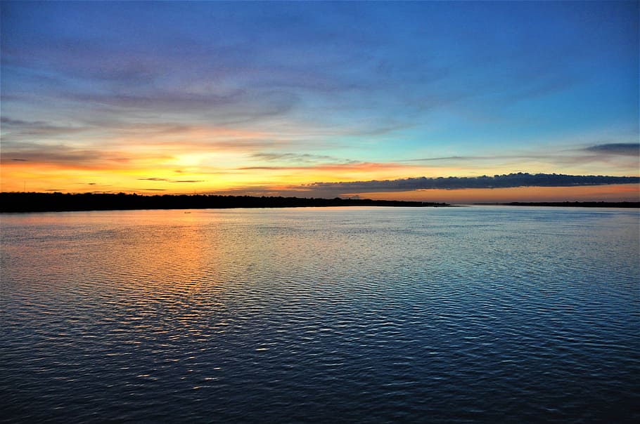 sunset, tonle sap, lake, water, sky, blue, colors, sun, light, tranquility
