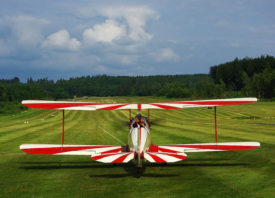 merah, putih, bergaris, biplane, tanah, pesawat olahraga, pesawat terbang, landasan pacu, padang rumput, pilot pesawat layang