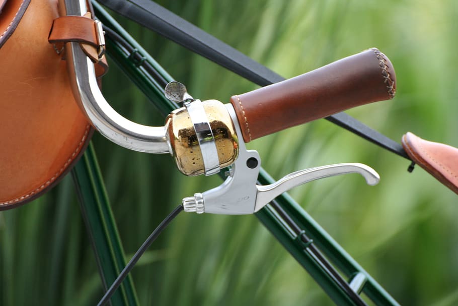 bike, bell, leather handle, brake, handlebars, velo, suspension saddle, cycling, bike bell, focus on foreground