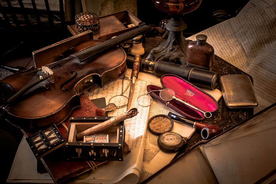 marrón, violín, al lado, estuches, estilo occidental, antigüedades, detective, Sherlock Holmes, productos diversos, cigarro