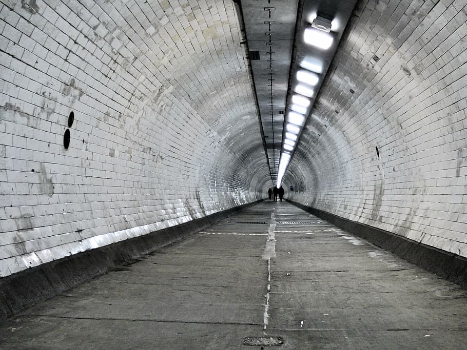 gray, painted, tunnel, turned, lights, thames, pedestrian, london, england, river