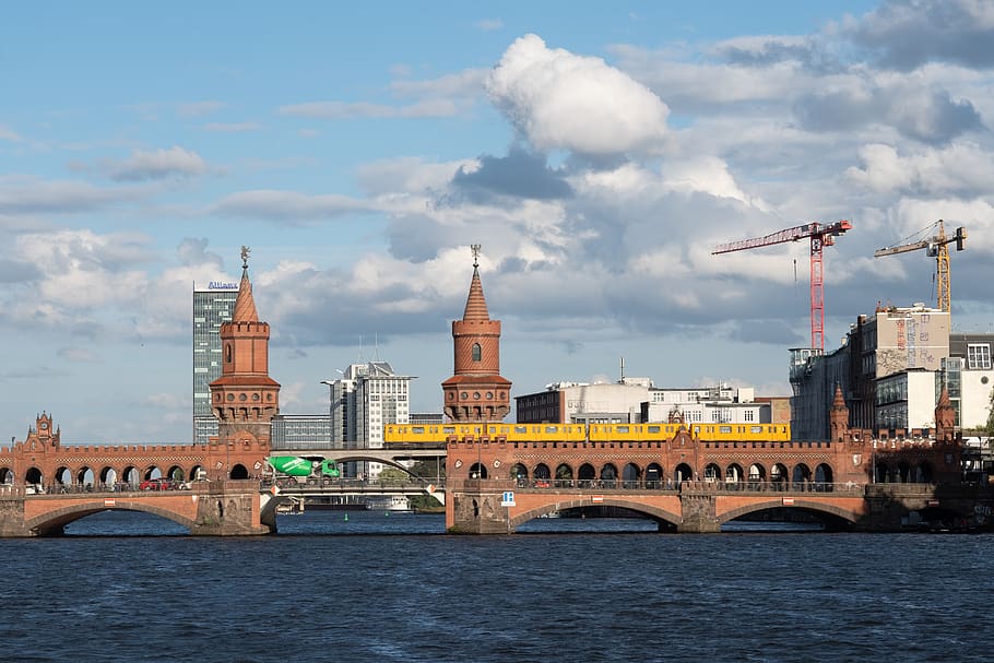 berlin, bridge, oberbaumbrücke, metro, traffic, clouds, spree, river, architecture, waters