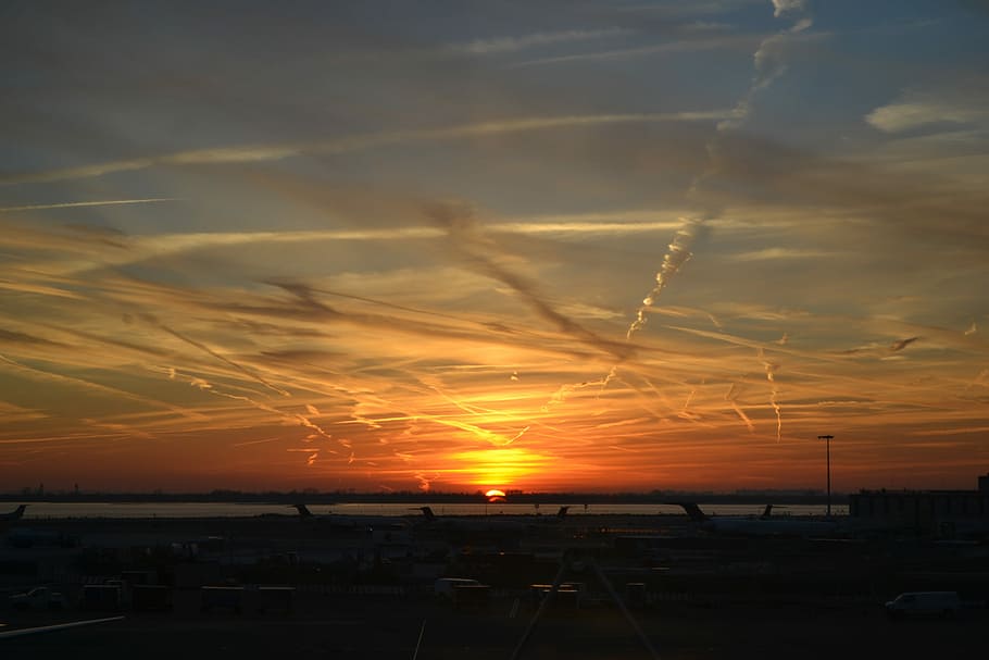 Sunset, Airport, Travel, trip, chemtrails, orange color, sky, beauty in nature, scenics, nature