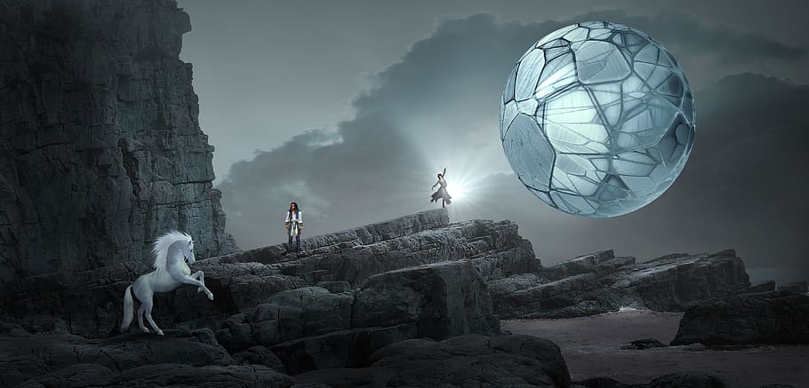 two, person, standing, rocks, white, sphere, floating, horse, fantasy, landscape