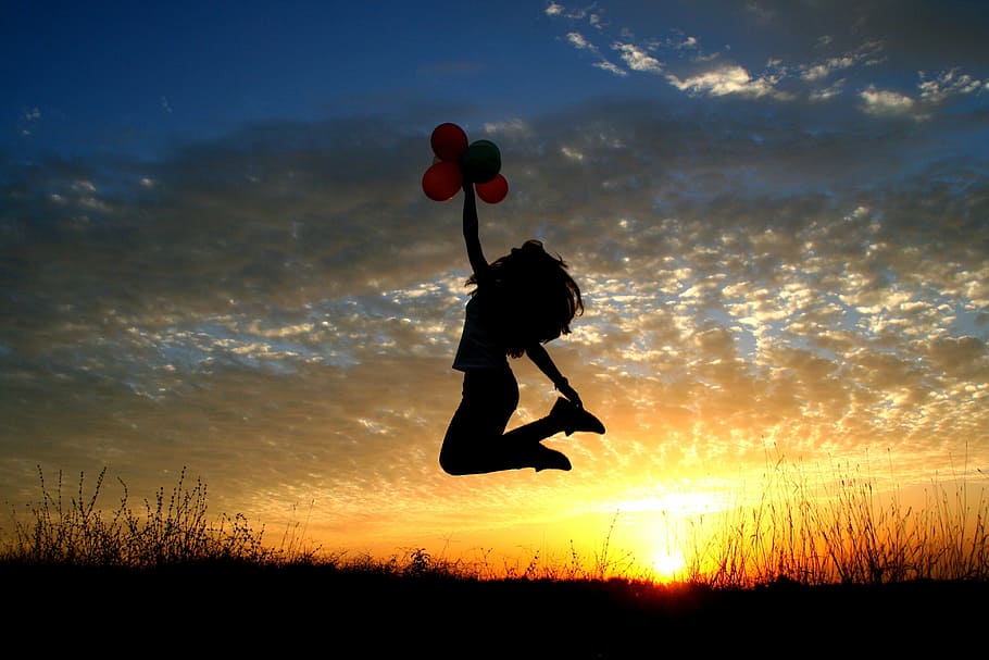woman, jumping, air, golden, hour, girl, sunset, balloons, bounce, flight