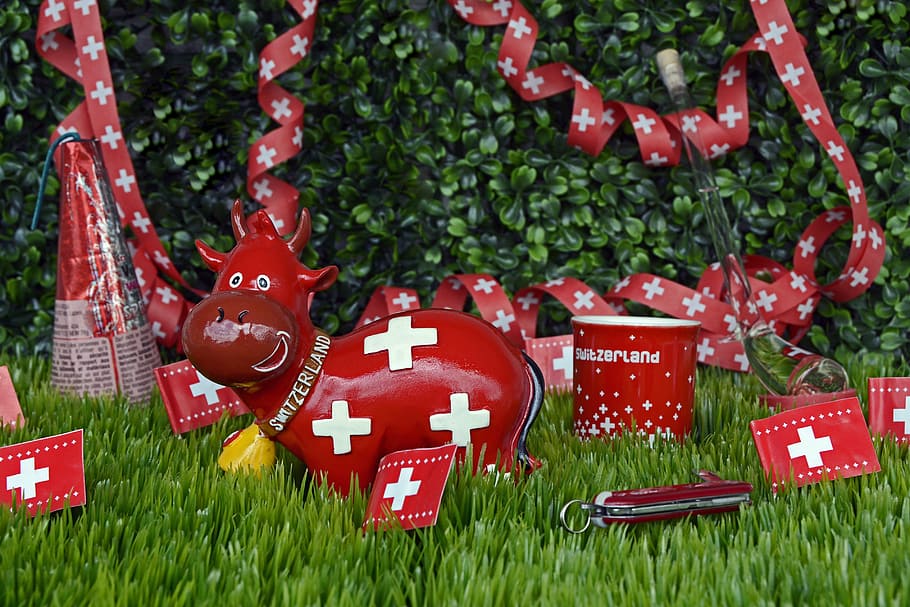merah, salib, rusa, dekorasi pita, hari nasional, switzerland, rayakan, cinderamata, bendera, bendera swiss