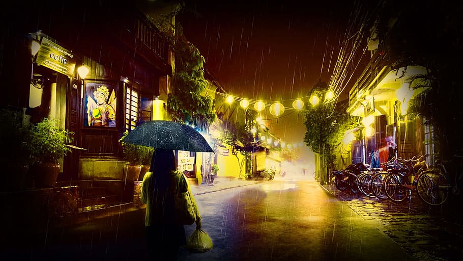 rain, rain in the city, rainy city, umbrella, illuminated, night, city, wet, architecture, street