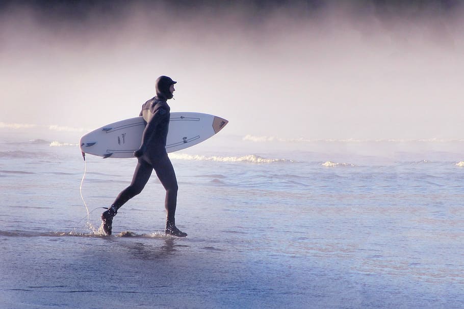 hombre, tiene, tabla de surf, mar, surfista, acción, surf, playa, aguas, cabeza