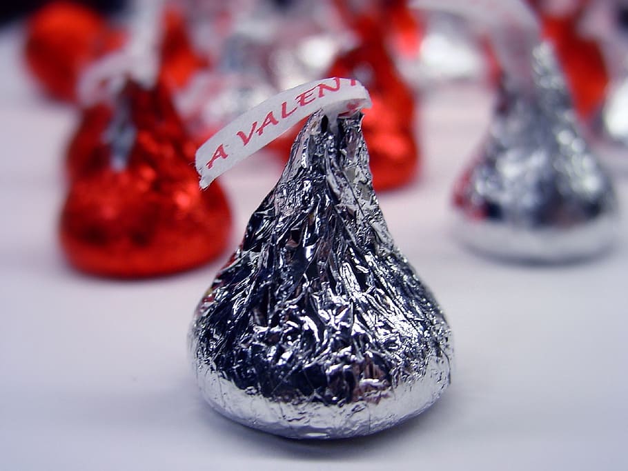 chocolate candy, wrapped, sweet, valentine, confection, snack, delicious, treat, foil, food