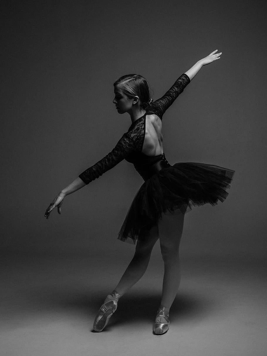 grayscale photo, ballet dancer, people, woman, black and white, dancer, ballet, ballerina, dress, beauty