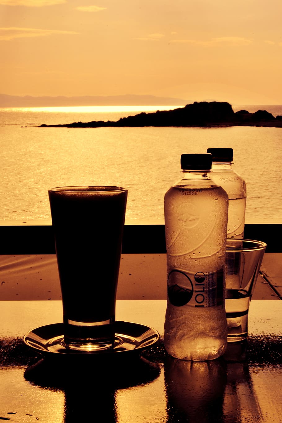 coffee with a view, coffee by the sea, sunset, landscape, seascape, orange, romantic, scene, silhouettes, sea