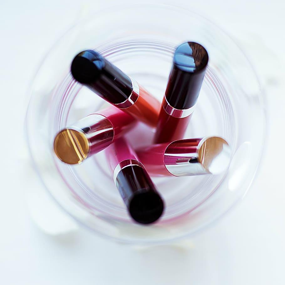 cinco, crema labial de colores variados, botella, maquillaje, lápiz labial, color, cosméticos, labios, brillo, rosa