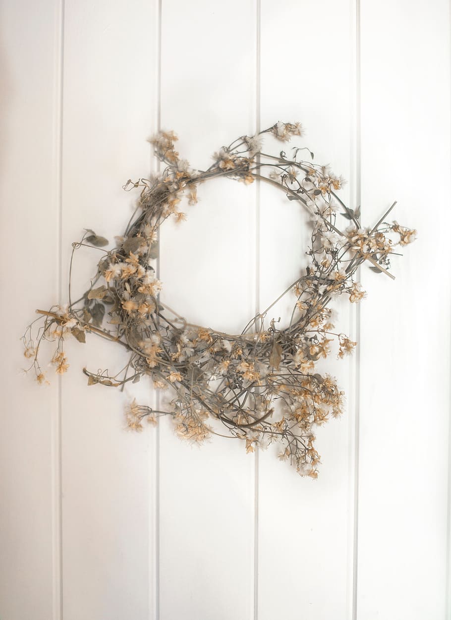 brown, beige, floral, wreath, flowers, ring, circle, white, indoors, decoration