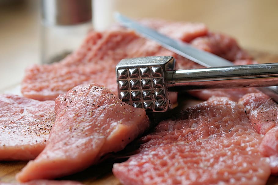 raw, meat, gray, steel mallet photo, meat hammer, meat tenderizer, schnitzel, food, cook, eat