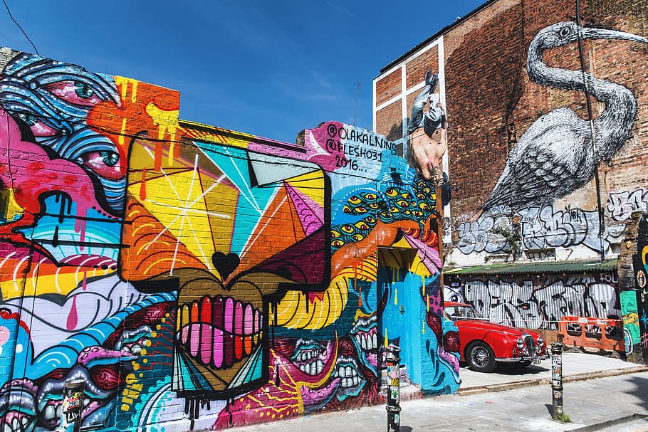 arte de rua de cores vibrantes, grafite, colorida, Brick Lane, Londres, urbana, construção, cidade, arte de rua, multi colorido