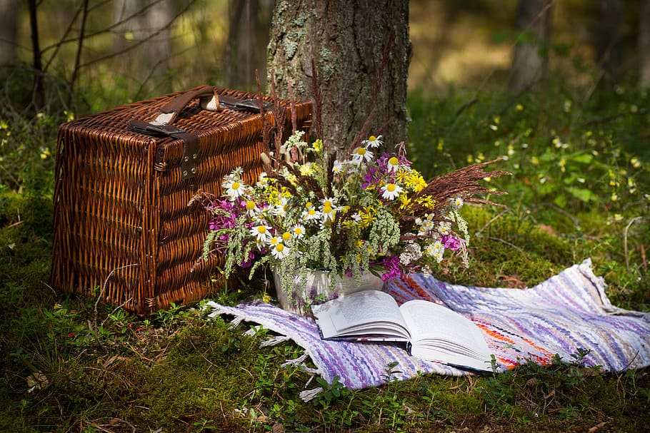 brown, picnic basket, flower arrangement, book, flowers, forest, bouquet, garden, paper, decorative