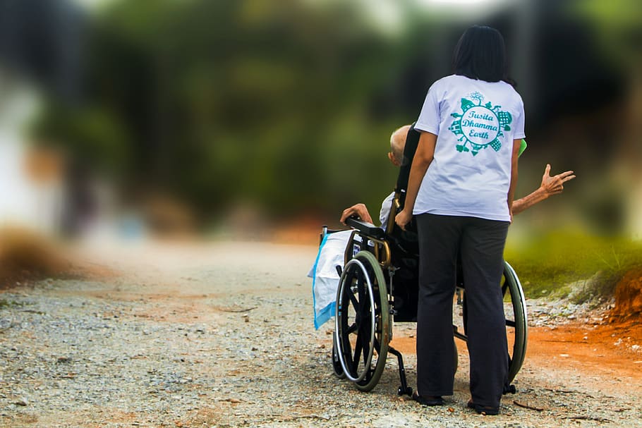 hospice, pushing wheel chair, disabled, elderly, handicap, nursing, patient, disability, handicapped, elder care