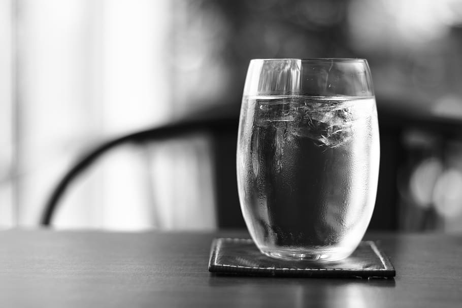water, glass, drink, liquid, black and white, closeup, table, food and drink, indoors, household equipment