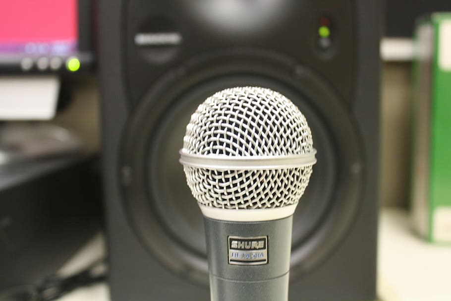 Microphone, Speaker, Music, technology, close-up, indoors, sound recording equipment, input device, communication, focus on foreground