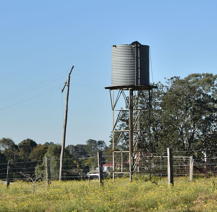 water tank, farm, country, sky, plant, nature, tree, day, field, land