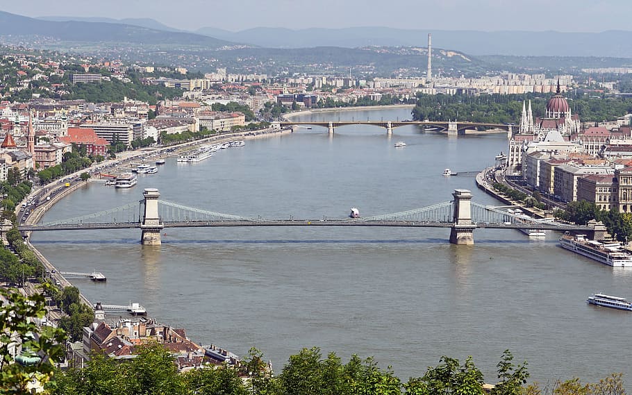 clear, sky, bridge, budapest, danube, overview, chain bridge, margaret bridge, parliament, view from the gellert hill