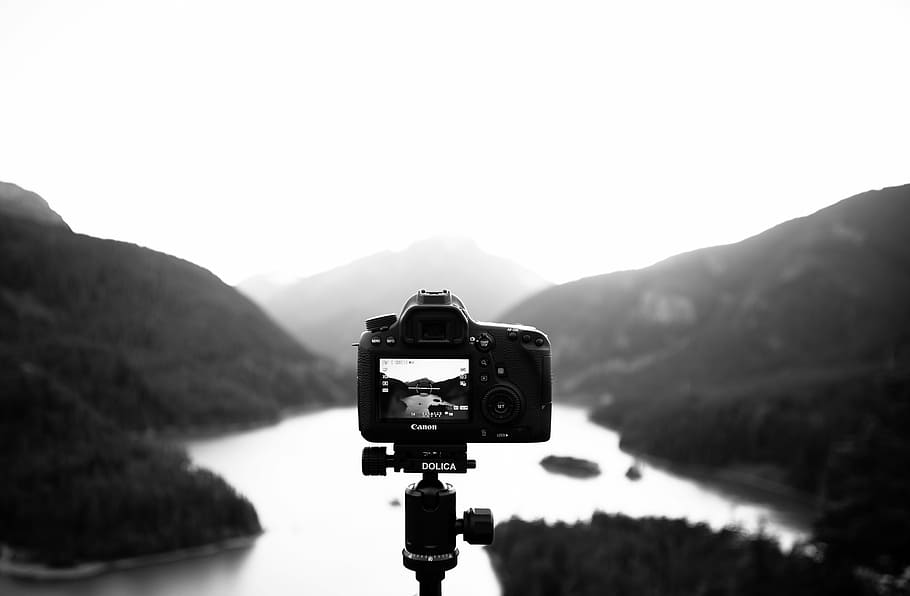 grayscale photography, camera, mountains, photography, landscape, equipment, digital, technology, photographer, digital camera