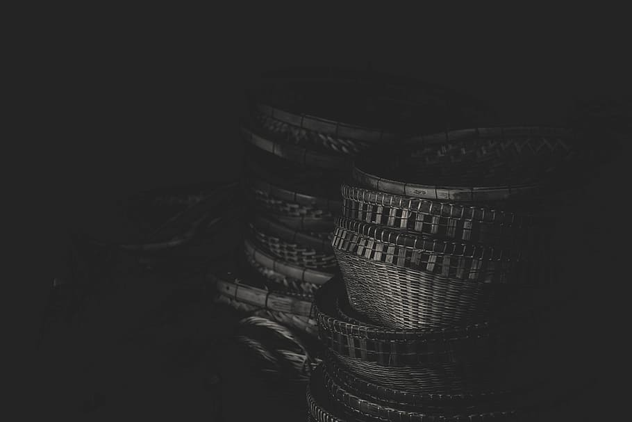 grayscale photography, wicker baskets, background, basket, black and white, container, craft, cut out, decorative, design