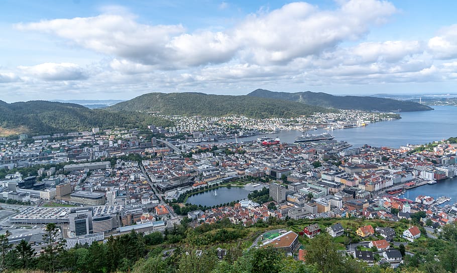 bergen, view, architecture, outdoor, nature, tourism, panorama, norway, mountains, clouds