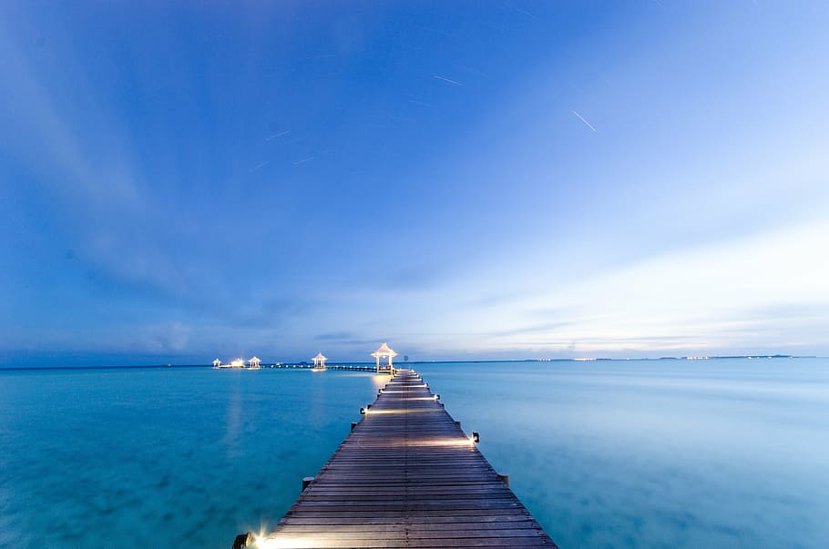 brown, dock, blue, body, water, daytime, the sea, maldives, views, trestle